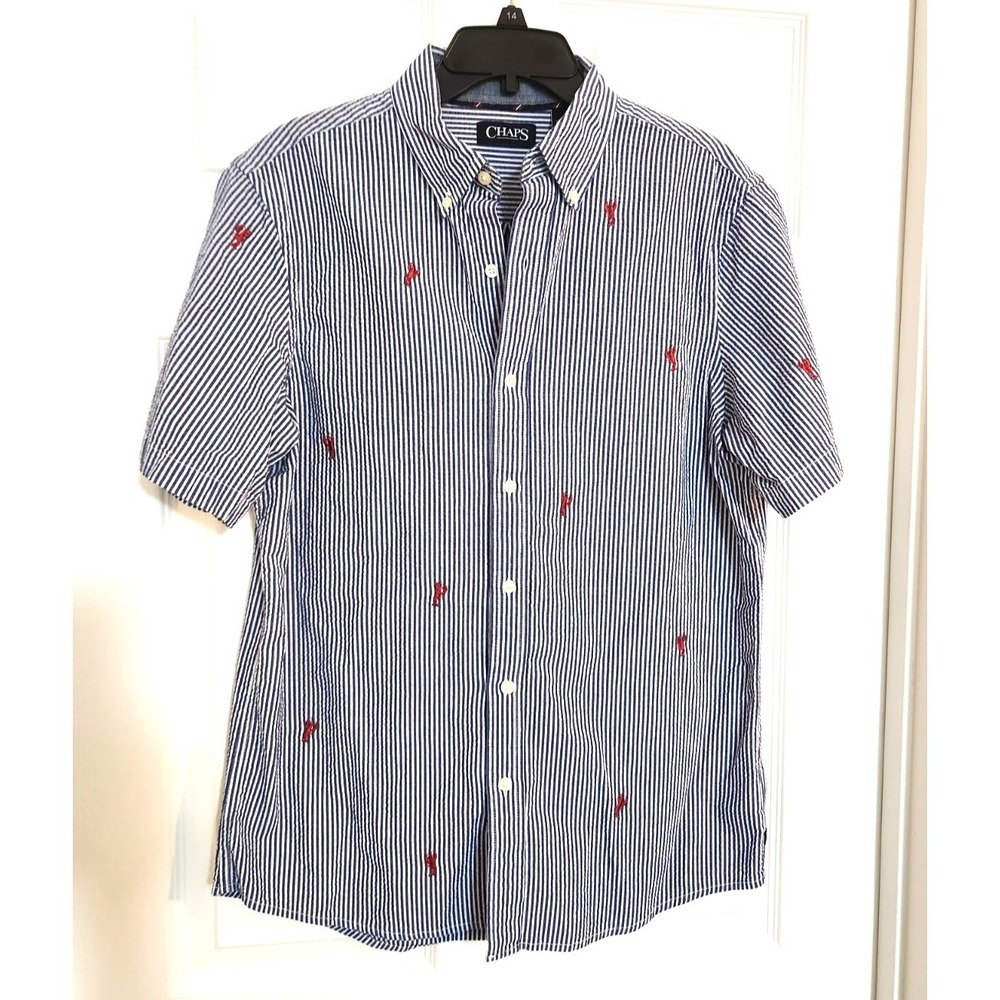 Chaps Shirt Mens Medium Seersucker Blue White Lobster Embroidered Button Down